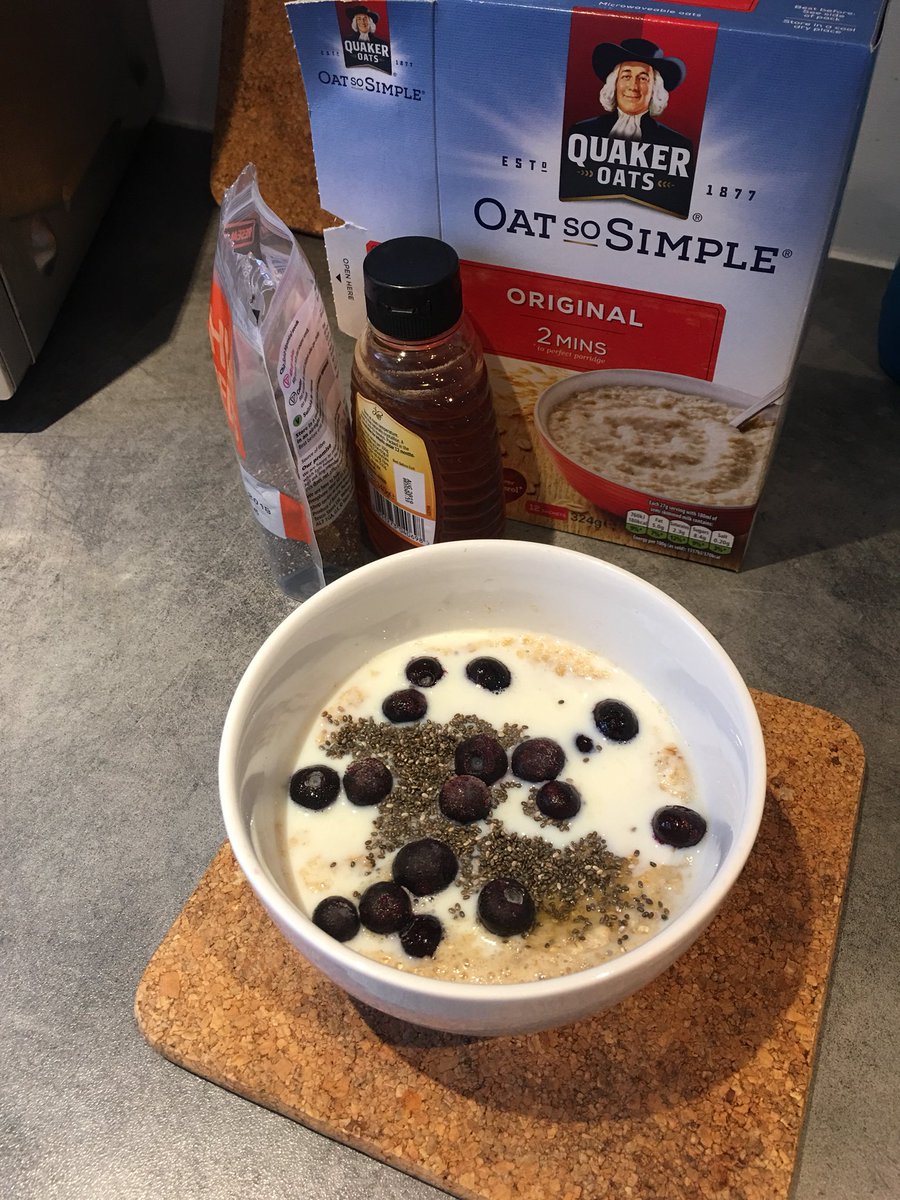 HartleyAnna's tweet photo. Chia seeds (protein), honey (sweet ☺️) and frozen blueberries (immune support and perfect eating temp). Sets me and my daughter up for the day every time. #justaddoats #cholesterolcheck👌 https://t.co/fMCsYXPDOi