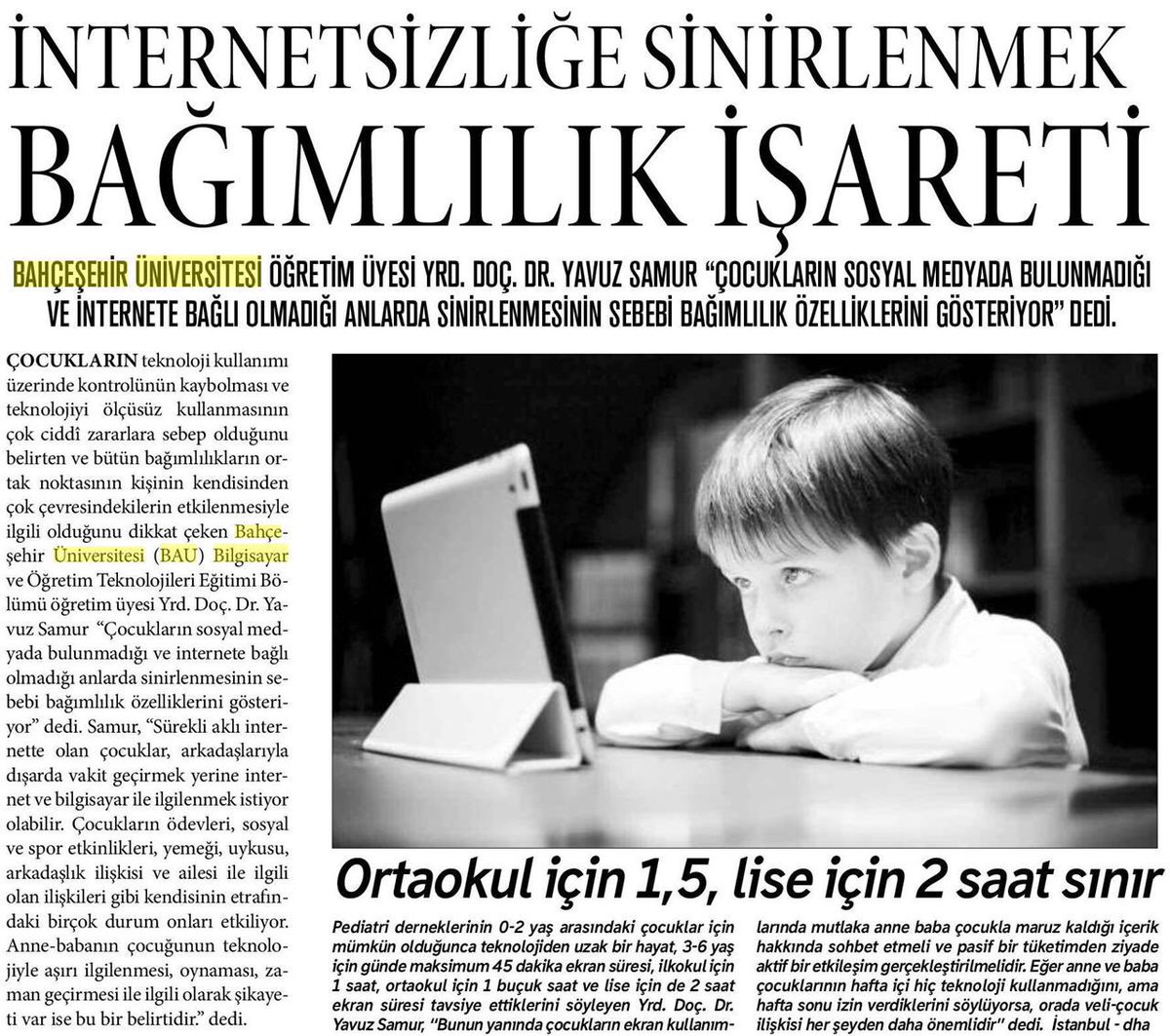 Bahçeşehir Uni (BAU) (@bahcesehir) on Twitter photo BAU Eğitim Bilimleri Fakültesi Öğretim Üyesi <a href="/YavuzSamur/">Yavuz Samur</a> çocukların teknoloji ve ekran ile olan ilişkisine dikkat çekti: “İnternetsizliğe sinirlenmek bağımlılık işareti” BAU Eğitim Bilimleri Fakültesi Öğretim Üyesi <a href="/YavuzSamur/">Yavuz Samur</a> çocukların teknoloji ve ekran ile olan ilişkisine dikkat çekti: “İnternetsizliğe sinirlenmek bağımlılık işareti”