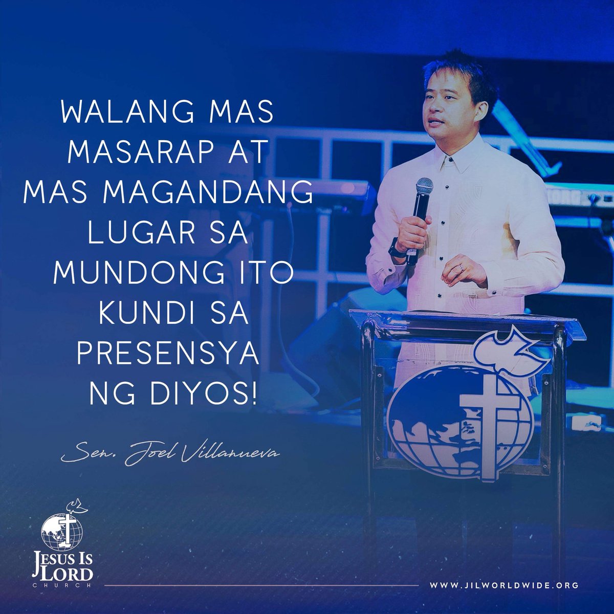 JILWorldwide's tweet photo. Walang mas masarap at mas magandang lugar sa mundong ito kundi sa presensya ng Diyos! - @senatorjoelv #JILlivestream https://t.co/tEss9mw7sc