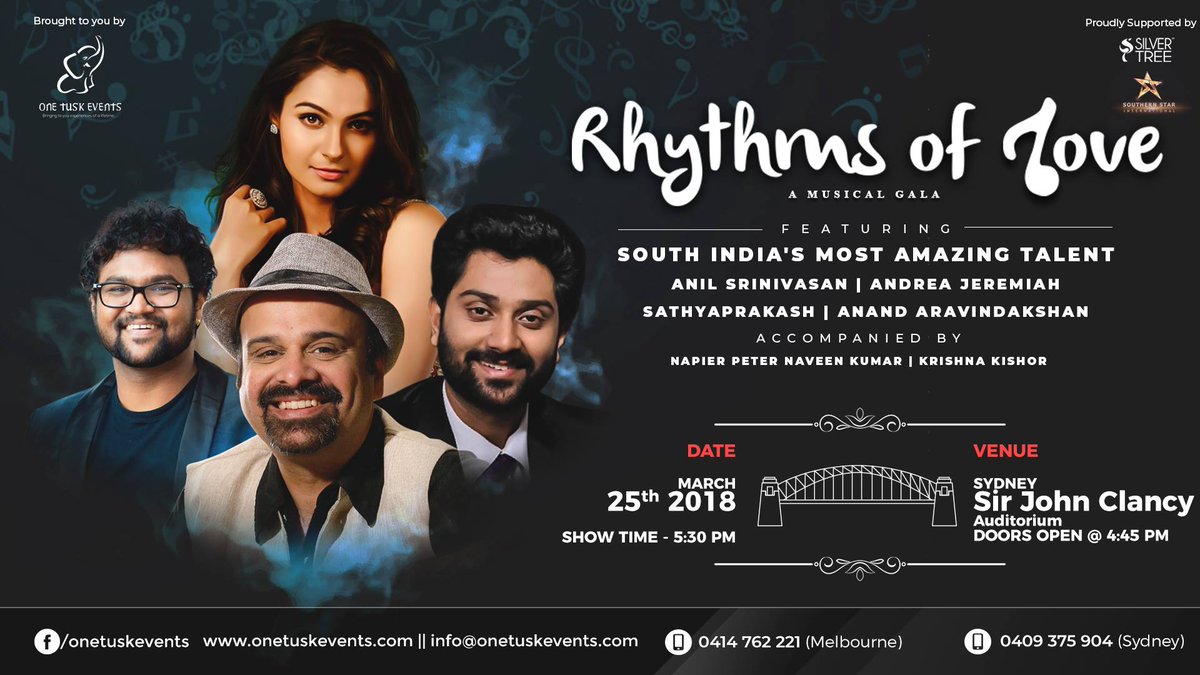 Helping a dear friend organise @AnilSrinivasan, @andrea_jeremiah, @dsathyaprakash and #AnandAravindakshan's live and interactive concert here in #Sydney. Sunday, 25th March,
tickets : ticketebo.com.au/one-tusk-event…