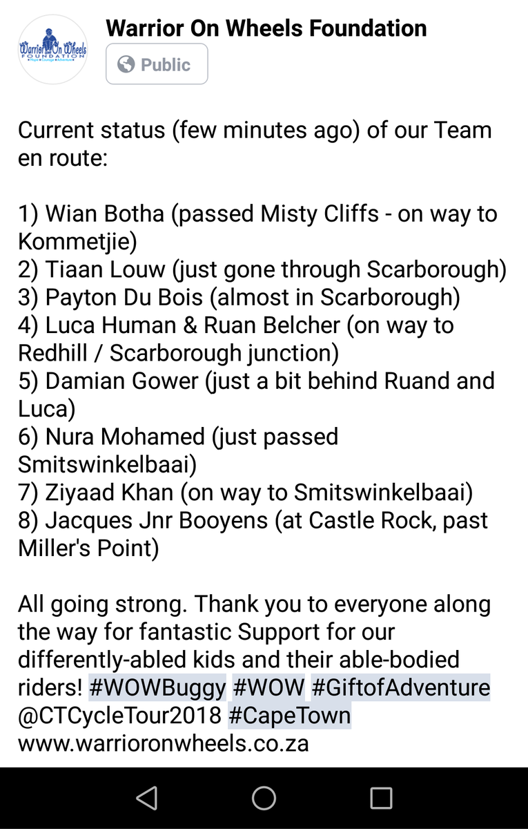 WarriorOnWheels's tweet photo. Current status of our riders! @ctcycletour #WOW #WOWBuggy #CapeTown #CTCycleTour2018 #cycletour #Back2OurRoutes #GiftofAdventure #lovecapetown ❤🚵 https://t.co/cs1d58PDOF