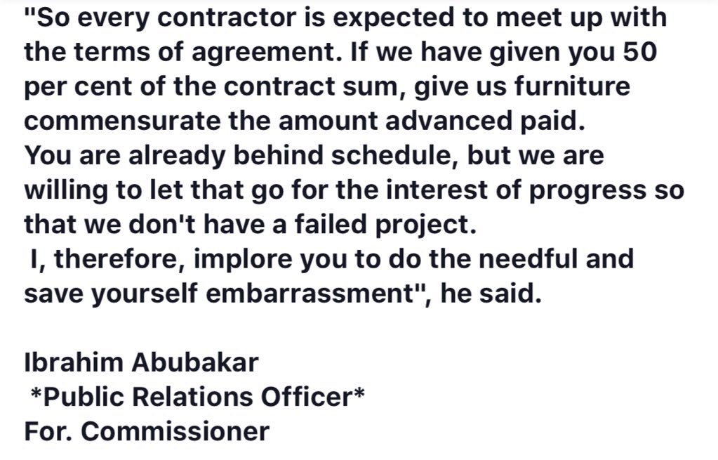 GovKaduna's tweet photo. 52% of contractors who were awarded school furniture contracts between 2015 and 2016 have defaulted. Kaduna State Government has issued a 4 weeks ultimatum to defaulting furniture contractors or face the full wrath of the law. https://t.co/7wxuJLohXC