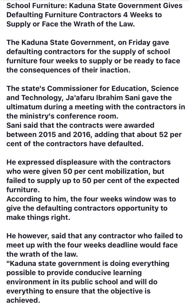 GovKaduna's tweet photo. 52% of contractors who were awarded school furniture contracts between 2015 and 2016 have defaulted. Kaduna State Government has issued a 4 weeks ultimatum to defaulting furniture contractors or face the full wrath of the law. https://t.co/7wxuJLohXC