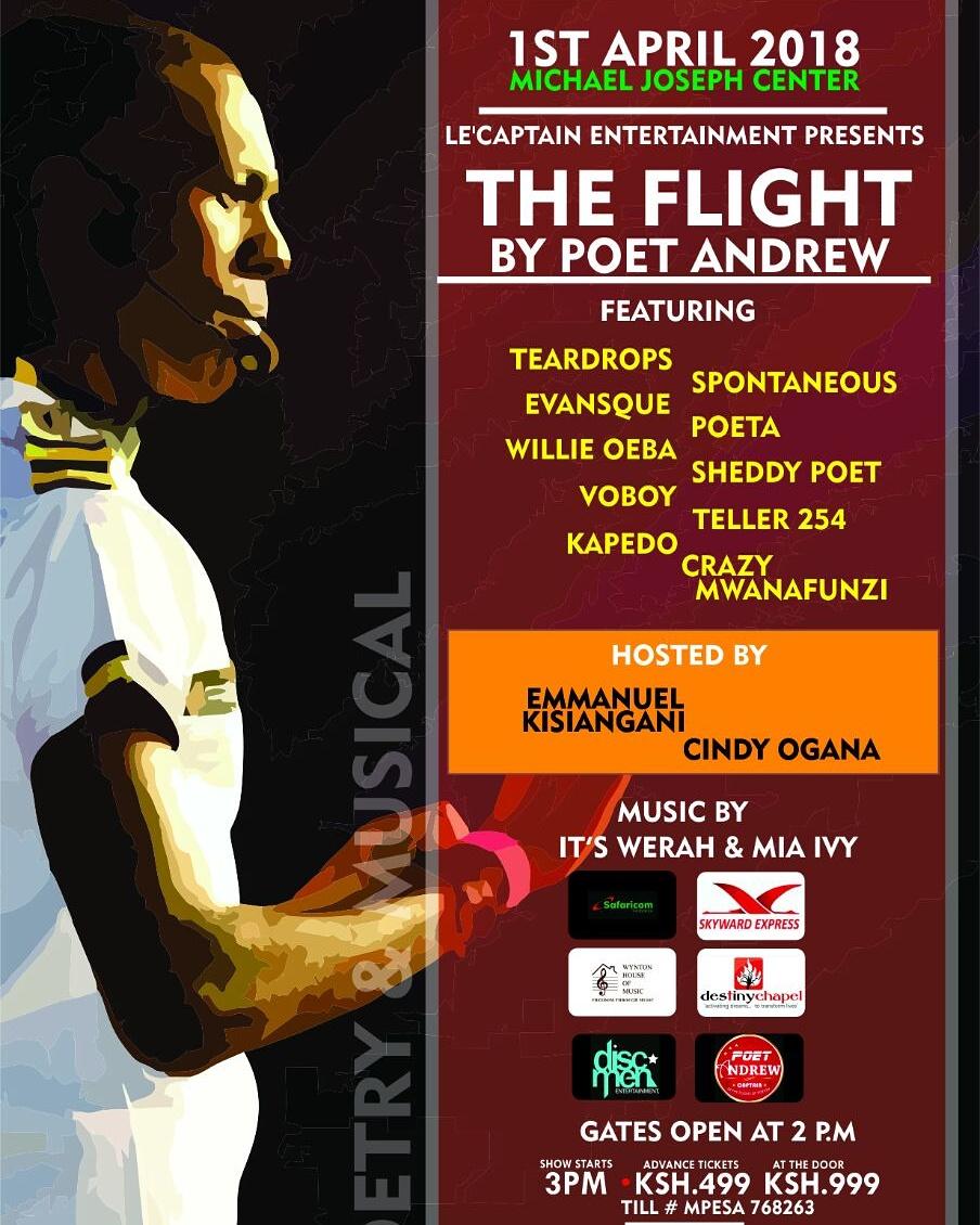 Nikitakiddo's tweet photo. Coming up!!!  

#TheFLight by @PoetAndrew the CAPTAIN  and other poets

1ST April 2018 at Michael Joseph Centre 

Mc @cindyogana @manukisiangani

Tickets sh. 999 Advanced sh. 499 
#TheFlightByPoetAndrew
3pm on the dot!!  Get ready for this https://t.co/m16myapgX2 https://t.co/66G5xxOiea