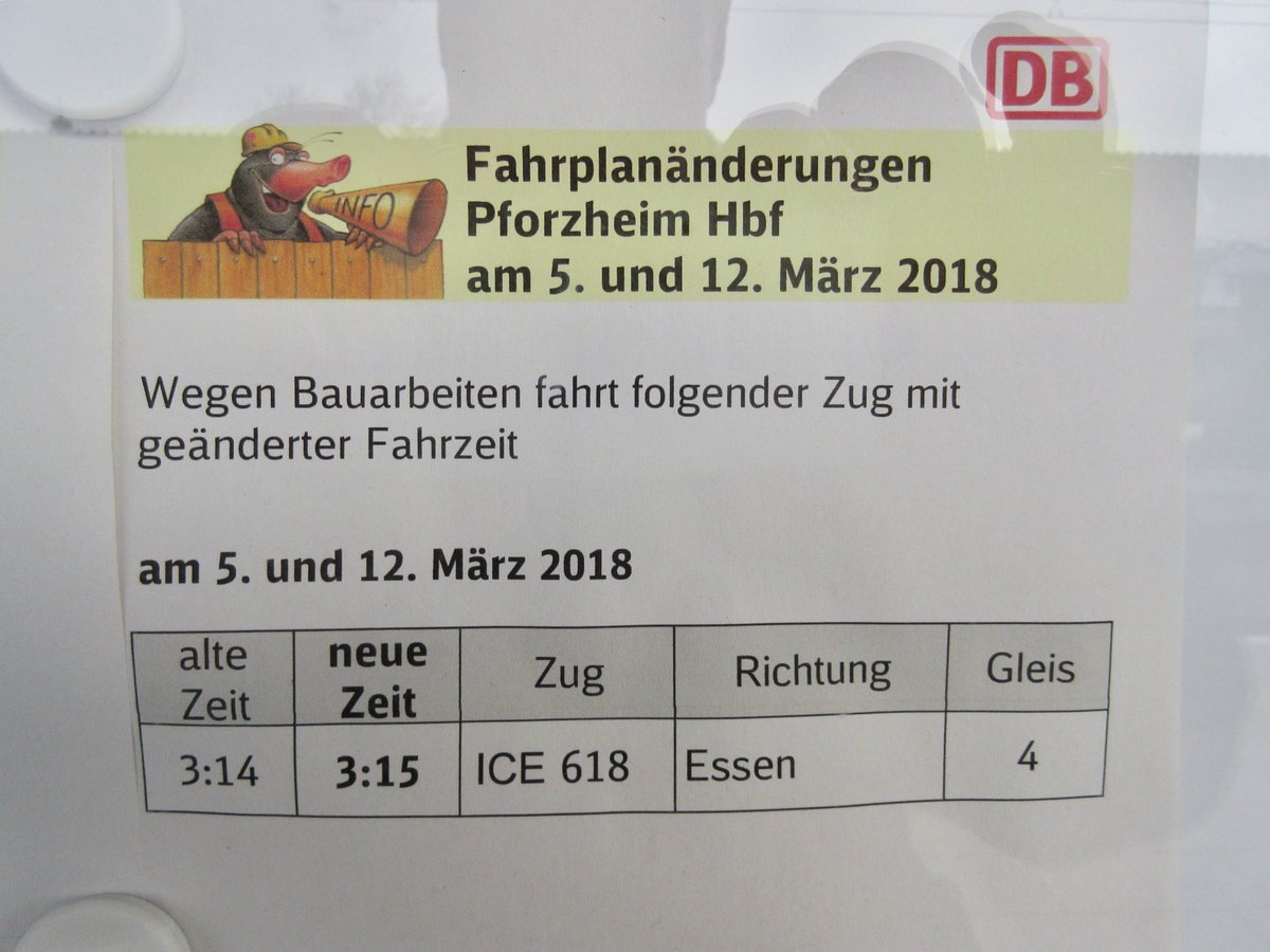 wolletooth's tweet photo. ....in zeiten regelmäßiger #verspätungen und kompletter #zugausfälle ist dieser aushang der #db im hbf #pforzheim schon sehr #fürsorglich .... :-))) https://t.co/fJXaw4BnWM