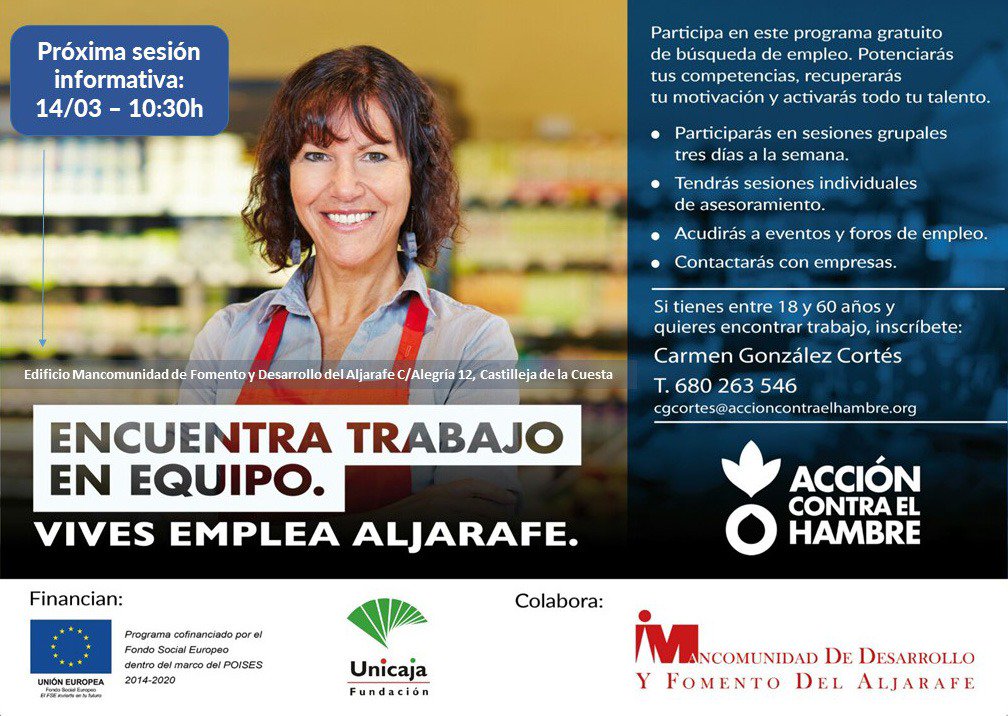 Si buscas apoyo para encontrar trabajo esto te interesa. #VivesEmplea Aljarafe. 14 de marzo a las 10:30 en Castilleja de la Cuesta edificio Mancomunidad. Te Apoyamos! <a href="/ACH_AndExt/">Acción contra el Hambre- Andalucía y Extremadura</a> <a href="/FundUnicaja/">Fundación Unicaja</a> <a href="/GuadaBormujos/">Guadalinfo Bormujos</a>