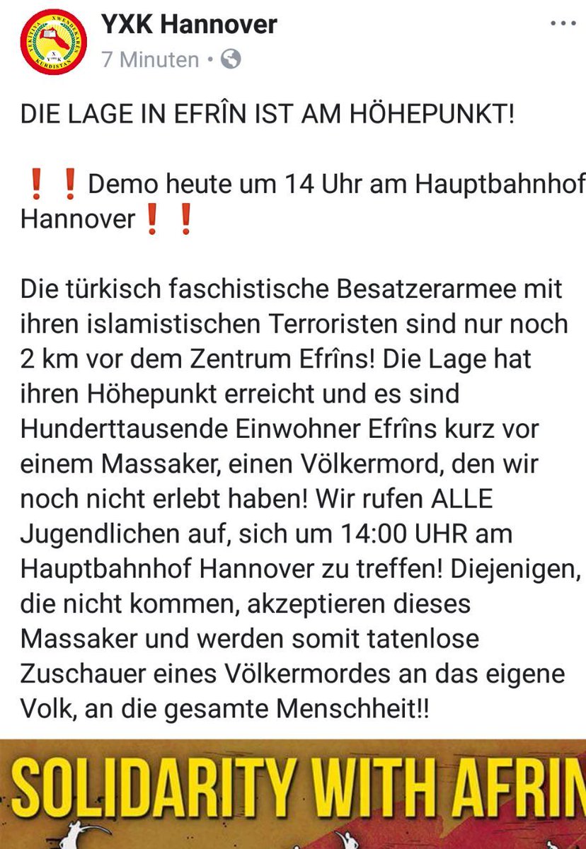 Infamous16H's tweet photo. 14Uhr Hauptbahnhof #Hannover!
Solidarität mit #Afrin - raus auf die Straße!
#twitterkurdsH #AfrinUnderAttack #fight4afrin https://t.co/zIlb5b4rBY