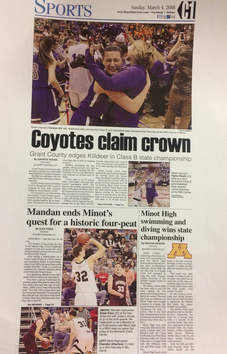 Sunday’s MDN sports front: Grant County, MHS swimming and diving win state championships. Minot High BBB’s quest for a four-peat ends.