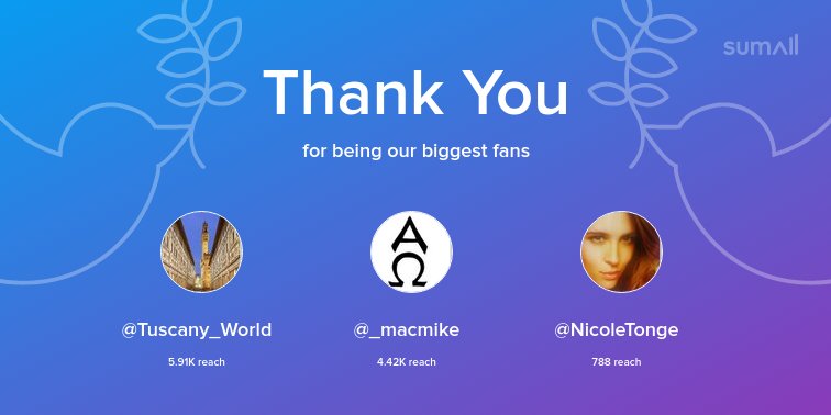 Our biggest fans this week: <a href="/Tuscany_World/">tuscanyworld</a>, <a href="/_macmike/">MacMike</a>, <a href="/NicoleTonge/">Nicole</a>. Thank you! via sumall.com/thankyou?utm_s…