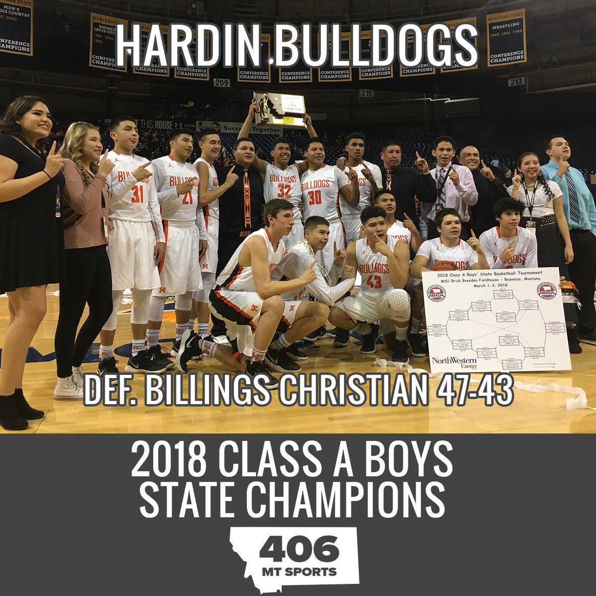 406mtsports's tweet photo. #ClassAbbb: @hardinbulldogs earn their 1st state boys basketball championship since 1997 with win over @wearebc1. #mtscores https://t.co/BAIuuHyDKz