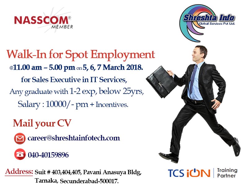 shreshtainfo's tweet photo. Walk-In for Spot Employment !!
Send your Resumes to career@shreshtainfotech.com
#jobs #jobsinhyderabad #shreshtainfotech
https://t.co/CL34Xu0A87 https://t.co/lBz5vpA35L