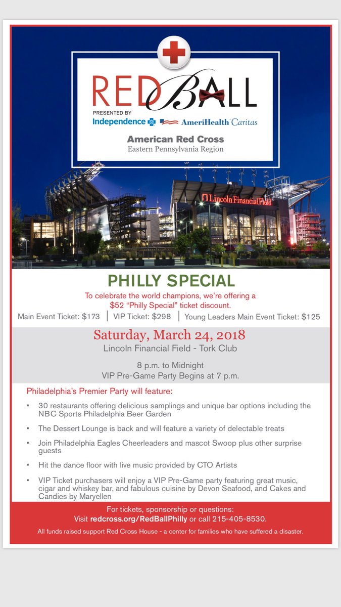 Red Ball only three weeks away! Encourage everyone to attend Philadelphia’s premier event supporting the Red Cross @ the World Champion Philadelphia Eagles stadium. Additional information below. #redballphilly redcross.org/redballphilly