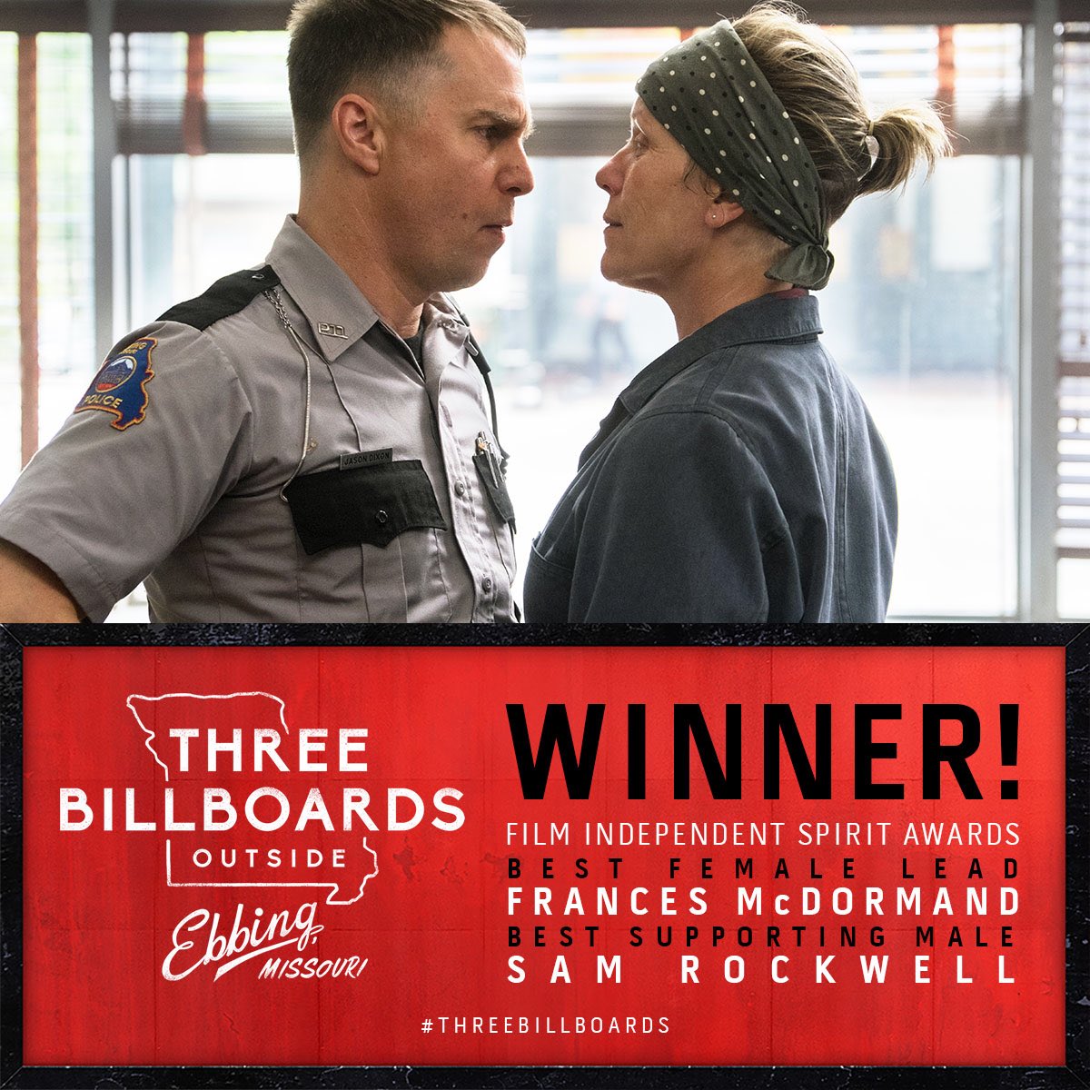 3Billboards's tweet photo. Congratulations to #ThreeBillboards on its 2 wins at the @FilmIndependent #SpiritAwards including Best Female Lead Frances McDormand and Best Male Lead Sam Rockwell! https://t.co/E7y2Q9gqKE
