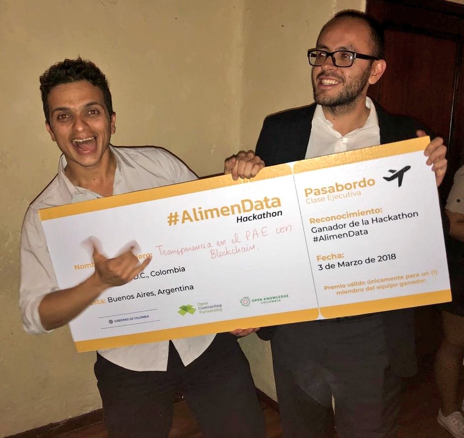 GobDigitalCO's tweet photo. Más de 20 equipos se postularon a la hackaton #AlimenData, para desarrollar soluciones tecnológicas que permitan mejorar el Programa de Alimentación Escolar (PAE). Ellos son los ganadores de #DatosAbiertosCO: "Transparencia en el PAE con Blockchain" #OpenDataDay https://t.co/I2jbSV2nmX