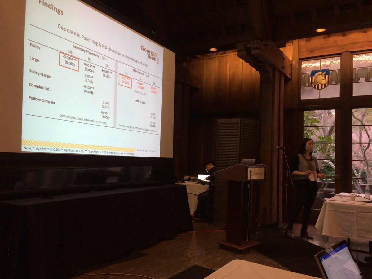 1994ccc's tweet photo. What happens when #appropriability becomes weaker in a policy shock? Decrease patenting but possibly increase in innovative activity! Elie Sung @GeorgiaTech #CCC2018 https://t.co/L6O02lYa19