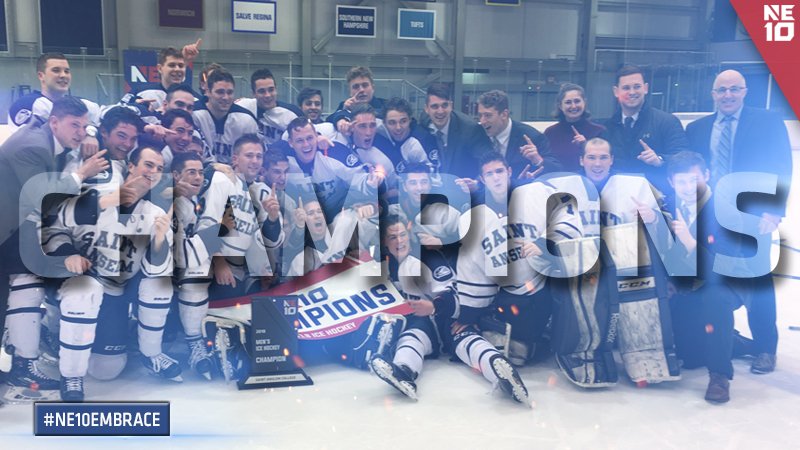 TheNortheast10's tweet photo. Embrace The Championship: 
For an NE10-best 10th time, the 2018 Ice Hockey Champions - @STAHawks 

Congratulations 🏆

#NE10EMBRACE https://t.co/3KnYwrhQpe