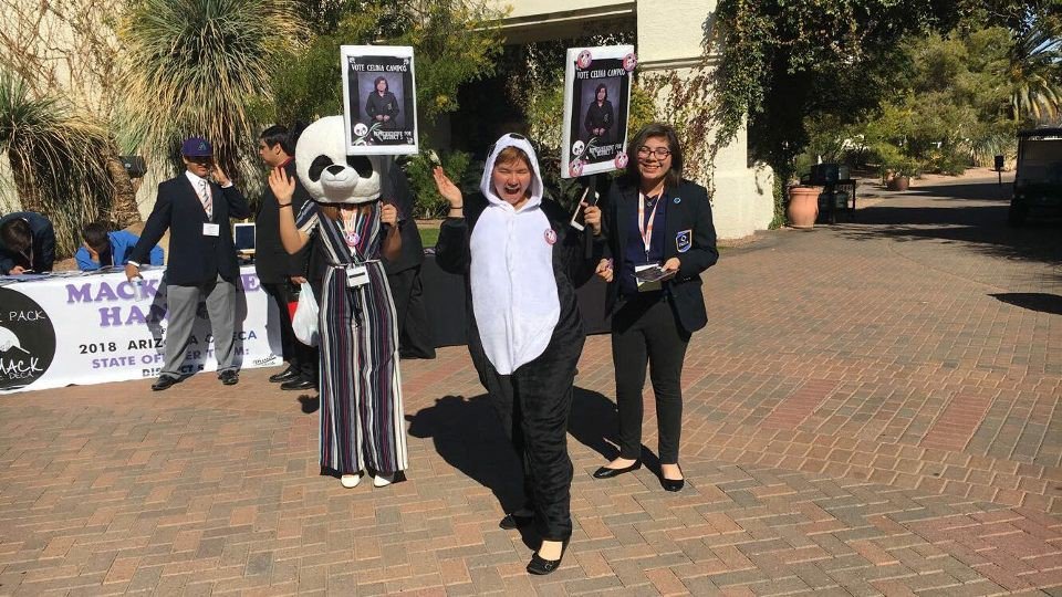 DECADVHS's tweet photo. Interesting day, the District 3 Panda, Celina Campos- campaigning, Opening session with Zamara speaking, competition, and Reyes jumping in the water full professional attire. #yearofthepanda #azcdc #azcdc2018 https://t.co/fz6reBgWFE