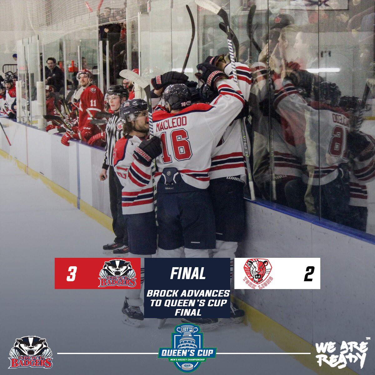 brockbadgers's tweet photo. Your No. 10 @BrockMensHockey are victorious and will host the #OUA Queen’s Cup FINAL ❕❕❕

#WEAREREADY🐾🅱️ #BadgerPride #BrockU https://t.co/UYiuoeNzWi