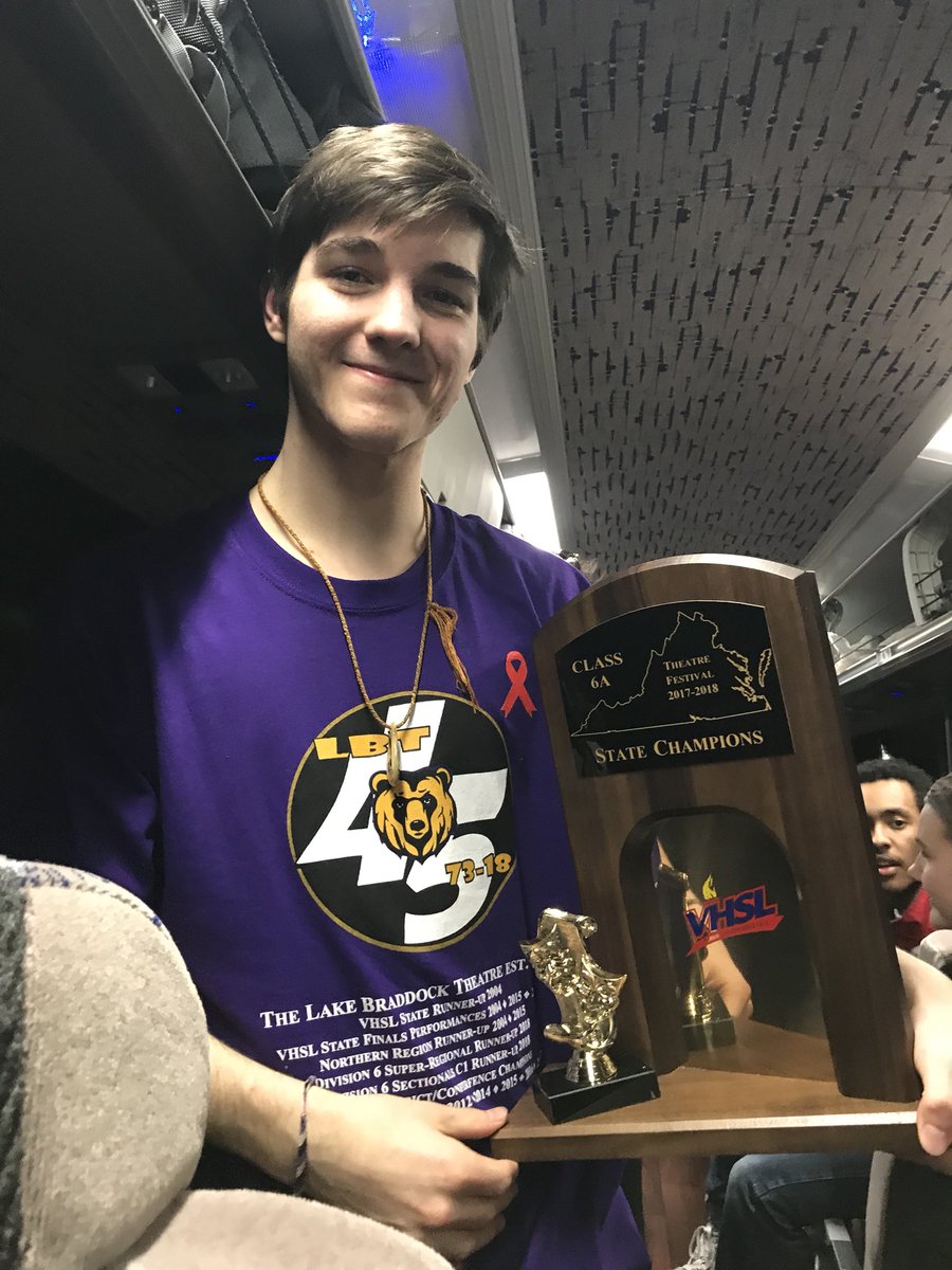 LB_Theatre's tweet photo. Our stage manager Brian Wolf with our first state championship trophy https://t.co/TkRbjNaEhn
