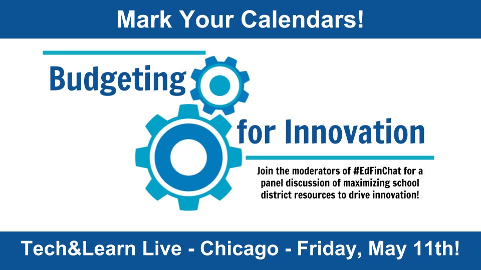 CWildmanCPA's tweet photo. Sign-up today for @techlearning #TLTechLive in Chicago on Friday, May 11th. Catch-up with the #EdFinChat moderators @rjgravel, @danieleoberg & @CWildmanCPA on an CFO leadership panel on "Budgeting for Innovation"! https://t.co/cMHnjTT6fa https://t.co/sbBI3D2gR9