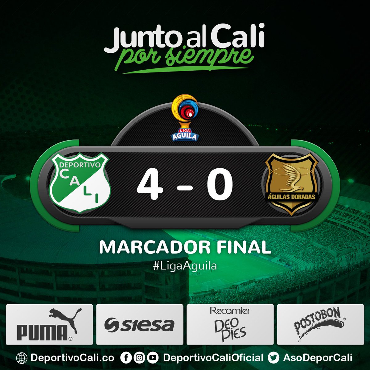DeportivoCaliCP's tweet photo. #LigaAguila 🏆 | FT ⏱️ 

Concluye el partido ganando el glorioso Deportivo Cali. ¡Vamos Cali!

#CALIvsRIO | 4 - 0
#JuntoAlCaliPorSiempre  💚💚💚 https://t.co/m0RbD0OlON