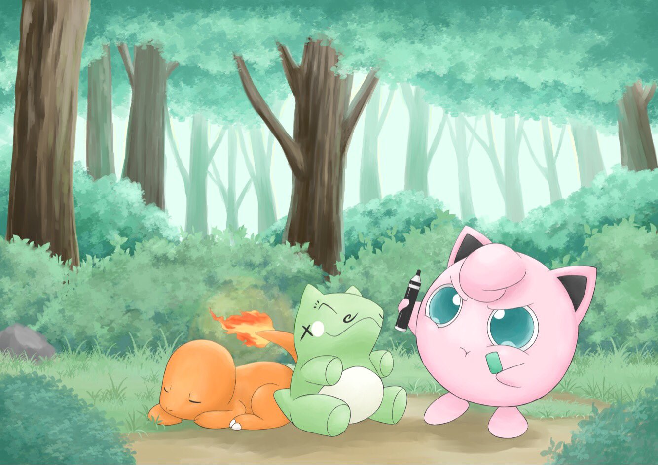 リュレ 自分のヘッダー用に描いたイラスト わたしは みがわり人形が大好きなので実はこのイラスト みがわり人形が描きたくて描きました 背景が苦手なわたしが適当に描いた森の中は もうこれが限界でした 笑 次からは資料をちゃんと用意して描きます