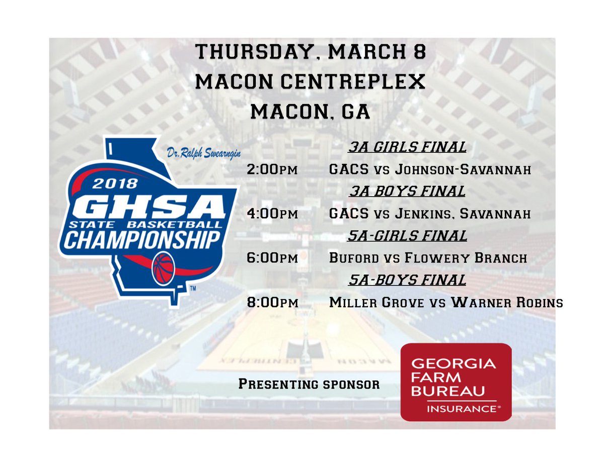 OfficialGHSA's tweet photo. Basketball | State Championships
Thursday Schedule @MaconCentreplex 
Purchase Ticket @GoFanHS Watch Live @NFHSNetwork 
@GaFarmBureau @ATLHawks @WilsonBasktball https://t.co/aPvmIwOZNY