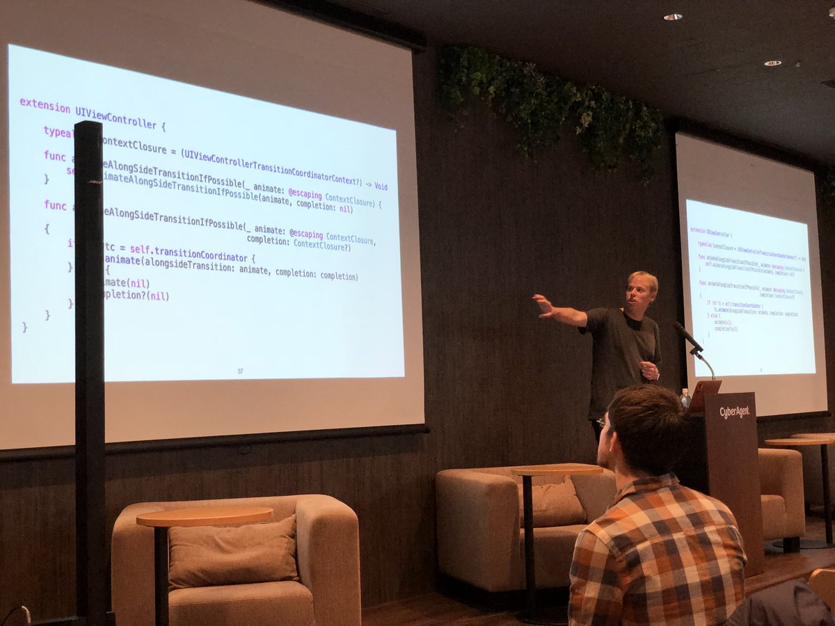 inamiy's tweet image. Nice UI transition technique talk by @jeffburg at @TokyoiOSMeetup !