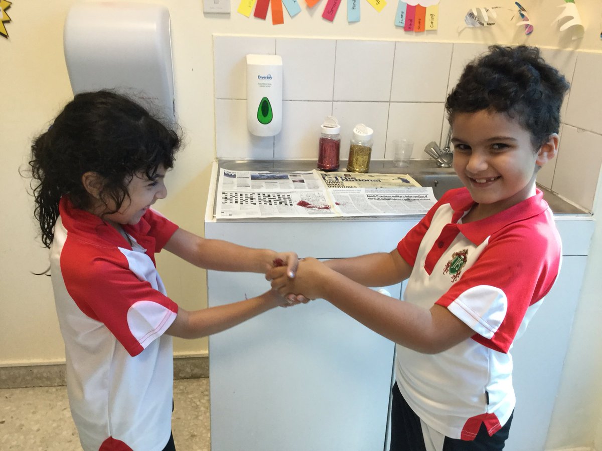 JPS_Year2's tweet photo. 2F learning about the importance of hygiene and how easily germs can spread! We used glitter to represent germs! #JPSyear2 #JPS2F #JPSscience https://t.co/itCt33DWev