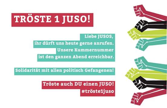 solidsdshgw's tweet photo. Gemeinsam mit @linkesds solidarisieren wir uns mit den @jusos - eure sozialistischen Freunde haben immer ein offenes Ohr für euch. Lasst uns gemeinsam gegen ein "Weiter so" eintreten! #Gemeinsam #tröste1juso #spdmitgliederentscheid (Bild via @linkesds) https://t.co/HTUBdTP5Xd