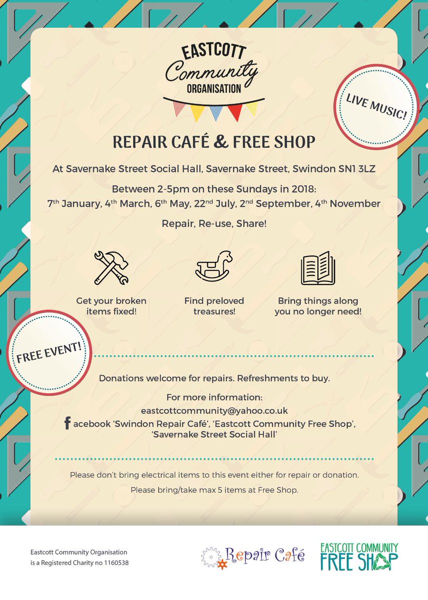 Eastcott_SN1's tweet photo. We are opening for Repair Cafe &amp; Free Shop today :-) 2-5pm

Streets around the centre and the car park are currently snowy and slushy so please take extra care if you are coming to us.

To warm us up we'll have hot drinks, carrot cake and vegan flapjack from @olivetreecafes1 https://t.co/VWhwqsh0Uq