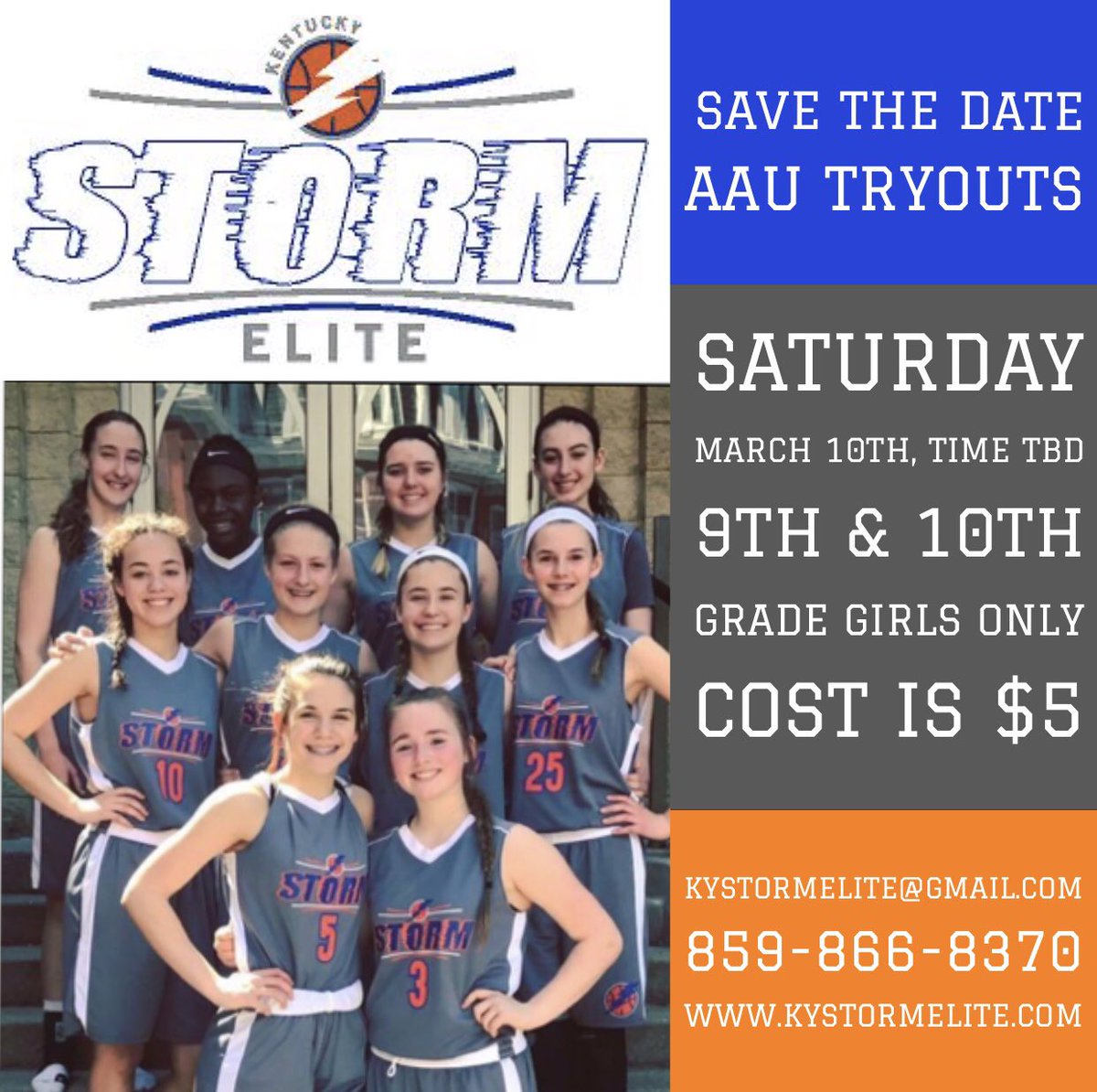 ‼️Save the date‼️
9th & 10th grade GIRLS AAU TRYOUTS are next Saturday. BE THERE! 🏀⚡️ #KyStormElite #PlayWithTheBest #ThisIsYourChance #BeTheDifference