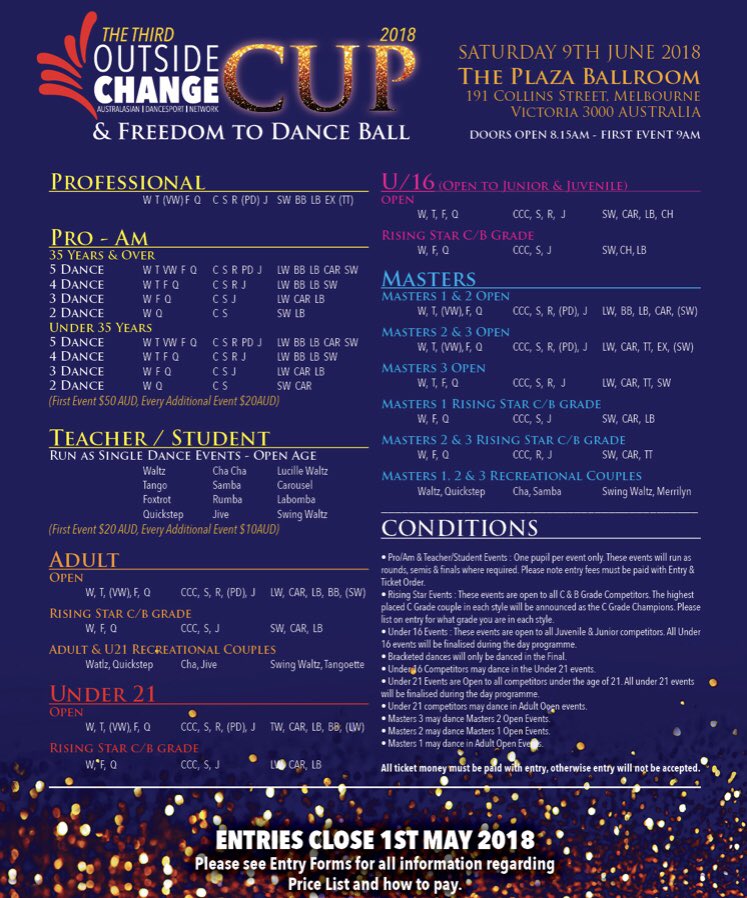 ChangeOutside's tweet image. 3rd Outside CHANGE Cup and Freedom To Dance Ball. Saturday June 9, 2018. Melbourne, Australia. More information, please see our new website at outsidechange.com or email info@outsidechange.com  guest international judges includes @the_karenhardy &amp;amp; Angelo Madonia (Italy)