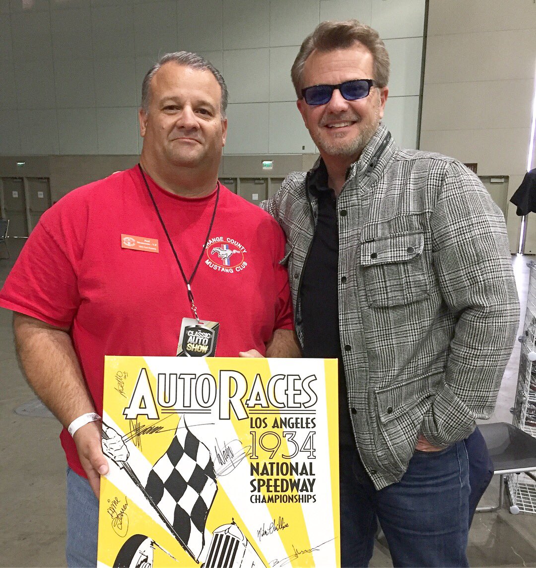 BradFanshaw's tweet photo. Met Paul today of #orangecountymustangclub at @theclassicautoshow he walked up for an autograph & was holding a classic auto print from my co. #bonspeed He had me & a ton of others autograph the print including @mikebrewer @AntAnstead @chipfoose he was on the search @davekindigit https://t.co/NQdySRwKBm