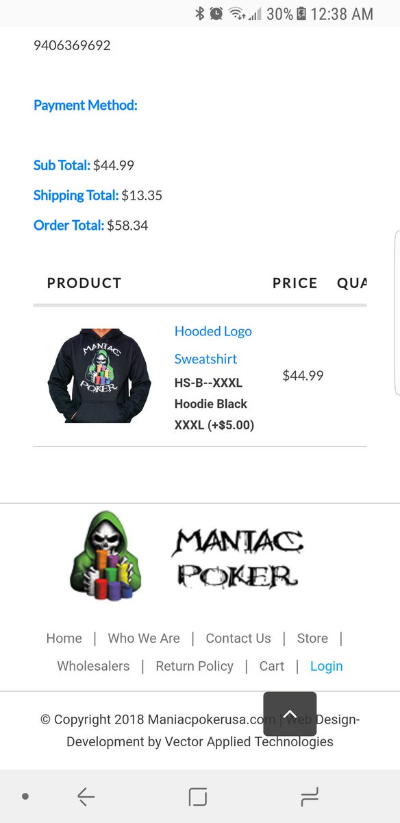 63cardiac's tweet photo. Just ordered hoodie from @ManiacPokerUSA. They actually took the time to sourced and print my size. Give these guys your business. #pokerapparel #CustomerExperience https://t.co/UduijnzdL2