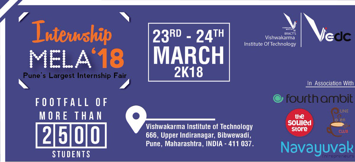 v_edc's tweet photo. Internship Mela'18 
Mark your calendars! For registrations and details visit: https://t.co/j27gEdNuzs 
Email us at : edc@vit.edu 
@vit_pune @vit_college @BharatAgarwal81 @FourthAmbit @punestartups @EIC_IISERP @startupindia @NASSCOMStartUps @_StartupEvents #pune #internships https://t.co/fJAlftcgo2