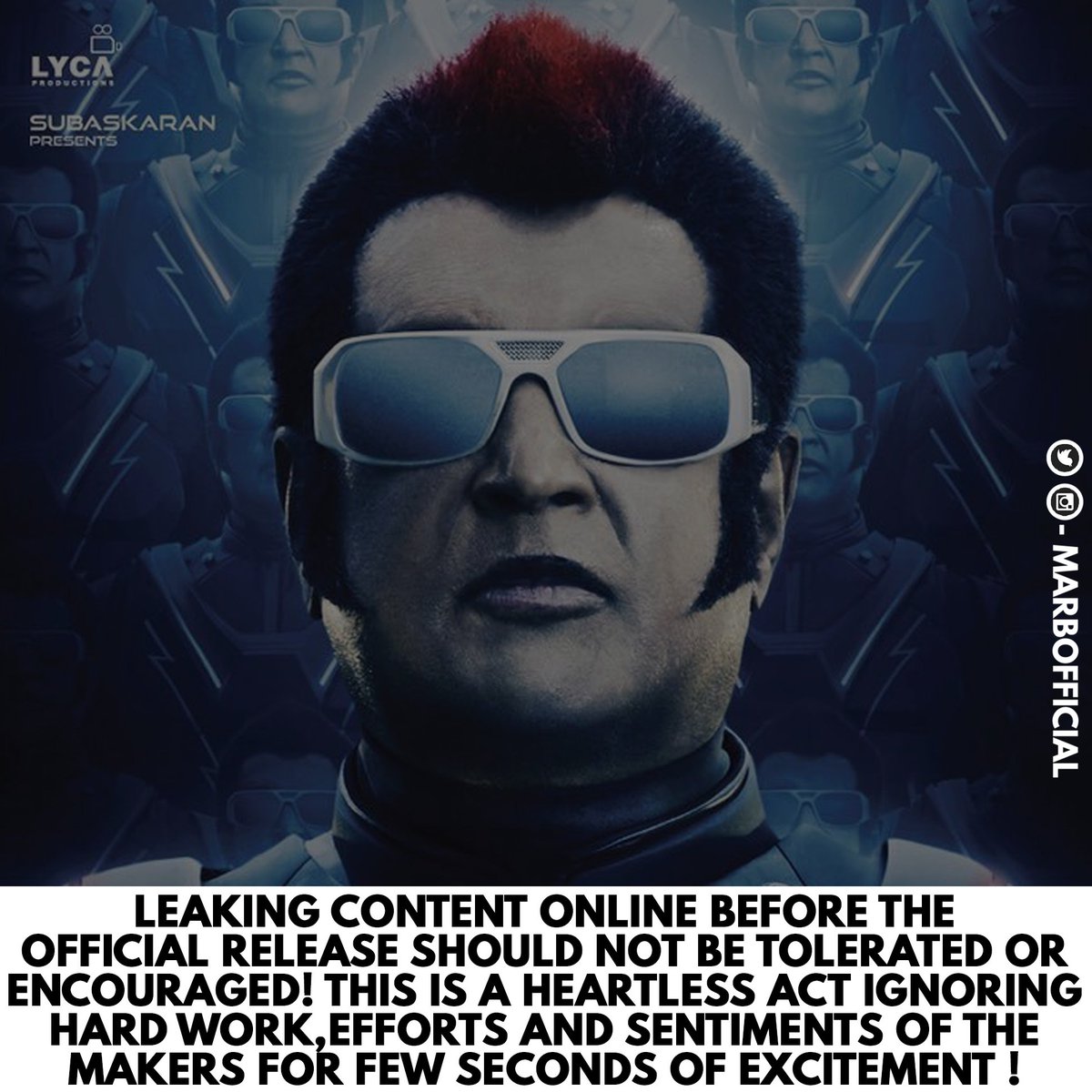 marbofficial's tweet photo. #2point0 #BeAshamed #StopPiracy #StopMisusingDigitalMedium
@superstarrajini @shankarshanmugh @akshaykumar @soundaryaarajni @RIAZtheboss @LycaProductions https://t.co/yKbwiVWLPe