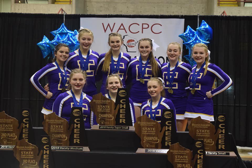 Elkhorn Cheer bringing home the STATE CHAMPIONSHIP in both divisions!! 💜💛 #traintoreign #eahsgo
