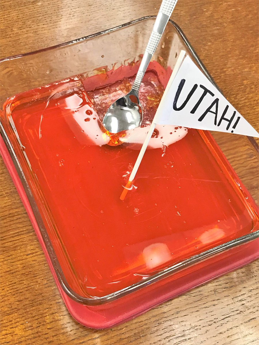 neb_amundson's tweet photo. How do Utah Life staffers party? With Jell-O, of course. We celebrated first issue of Utah Life with Utah-shaped dish of Jell-O. Instead of lime green with carrots, we made custom mix to match the magazine's logo, which closely matches So. Utah's  red sandstone. Party on, Utah! https://t.co/Nld9l2Fs1A