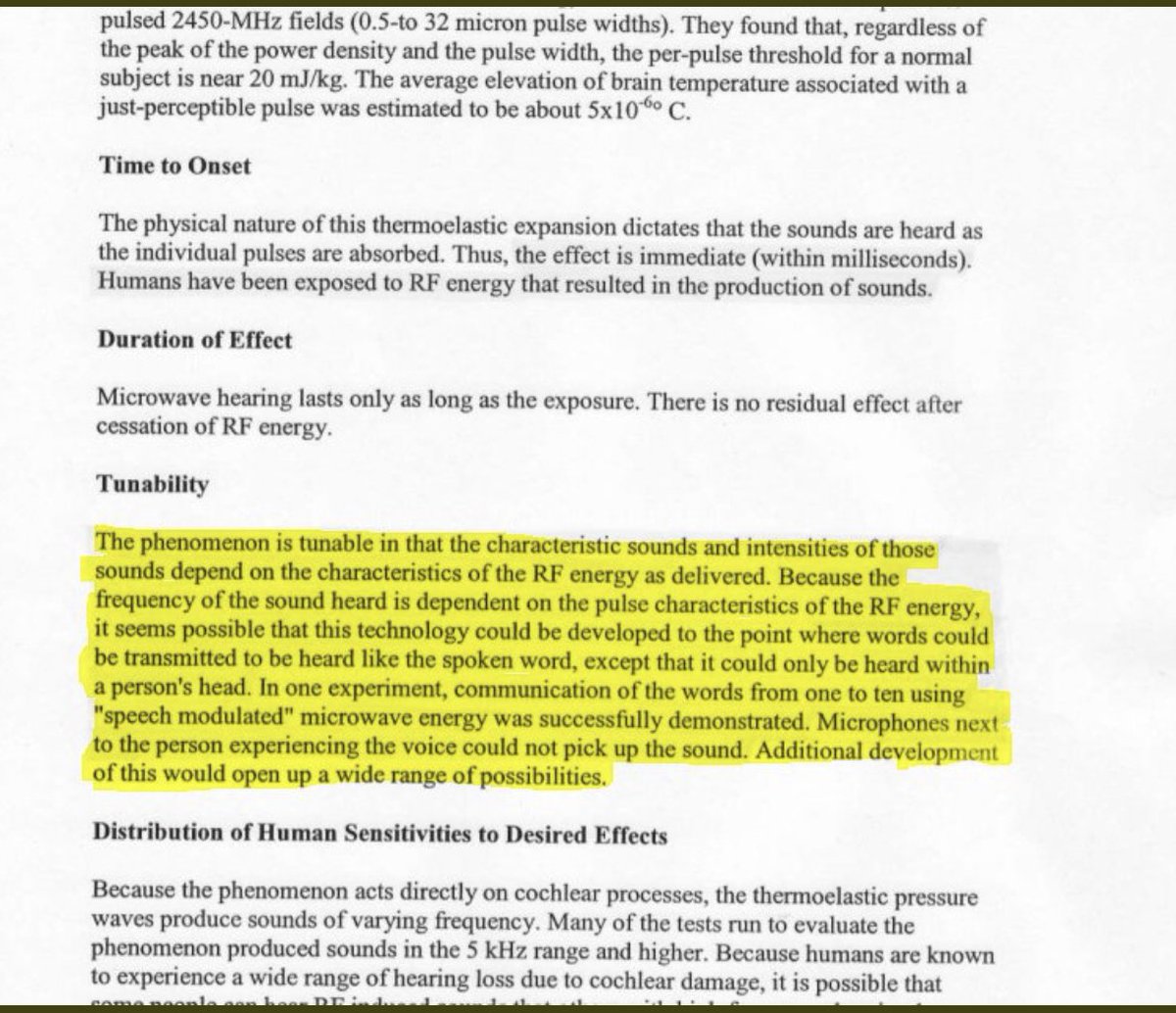 rpnsolutions's tweet photo. "Voices in Your Head" 2006 #DECLAS #FOIA #MicrowaveAuditoryEffect #MicrowaveHearingEffect #ArtificialTelepathy
"This technology could be developed to the point where words could be transmitted/heard like spoken word, only within the person's head"
#FreeTheInternet
#QAnon
@POTUS https://t.co/YFyhYYL5lG
