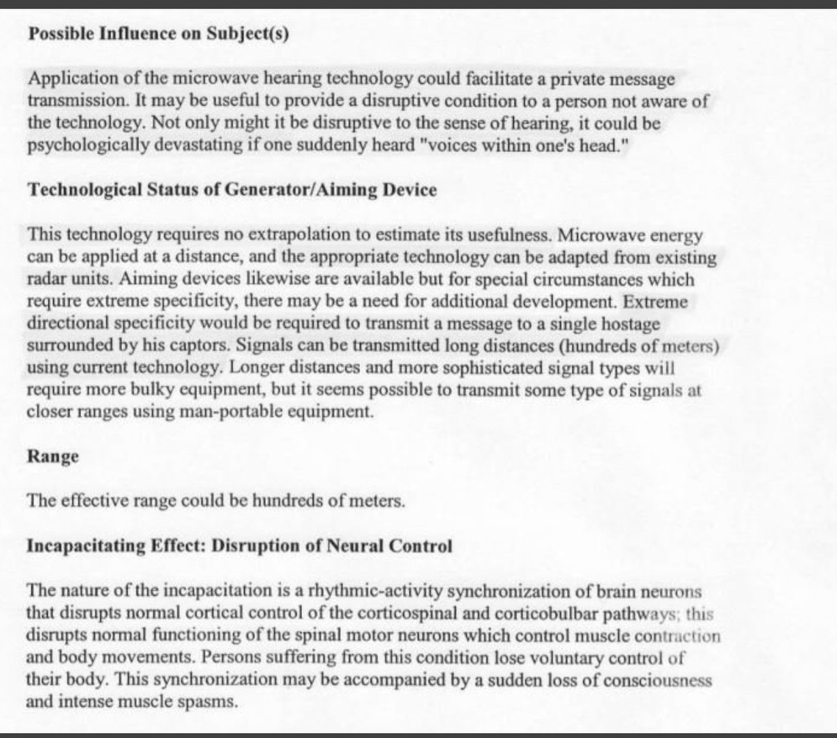 rpnsolutions's tweet photo. "Voices in Your Head" 2006 #DECLAS #FOIA #MicrowaveAuditoryEffect #MicrowaveHearingEffect #ArtificialTelepathy
"This technology could be developed to the point where words could be transmitted/heard like spoken word, only within the person's head"
#FreeTheInternet
#QAnon
@POTUS https://t.co/YFyhYYL5lG
