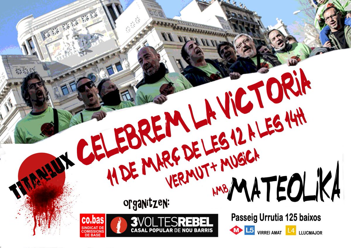 TrabajTitanAkzo's tweet photo. Pròxim Diumenge 11/3 celebrem la victòria de #TitanluxEnLluita al Casal 3 voltes Rebel de Nou Barris amb Vermut i música de Mateolika.
No us hi perdeu!! https://t.co/XosuAwkgz8