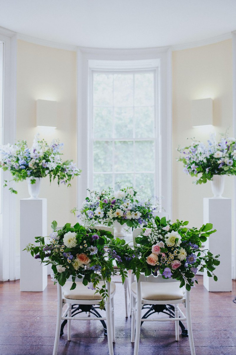A very summery sight! A mid July wedding for Shainey and Tom @clissoldhouse with soft pastel blues, lilacs, cream, blush and greens. Overflowing with sweet peas, garden roses, cosmos, campanula, mallow and scabious.  Thank you @evaphotographylondon for the lovely picture.