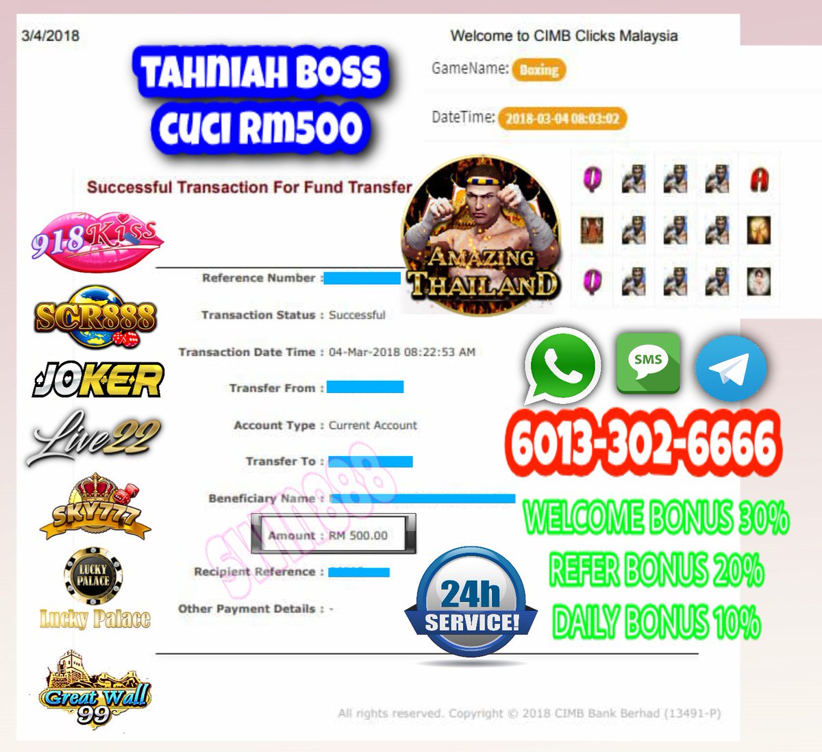 joeywei06's tweet photo. Whatsapp : https://t.co/y96E2lNGgf  
 SMS : 0133026666
⚠️ WELCOME BONUS 30%
⚠️ REFER BONUS 20%
⚠️ DAILY BONUS 10%
#KISS918 #joker123 #sky777 
#live22 #lpe88 #gw99 https://t.co/6Po2l6VpOB