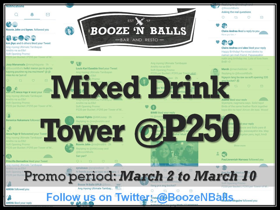 BoozeNBalls's tweet photo. Leeezgooooo mga kaBNB!
Promo is until March 10!!!
Try niyo na rin ang bagong food menu!
#Math17 #Chem16 #Soil1 #Bio120 #Bio30 #Stat1 #Taxo #Devcom101 https://t.co/RvA70wxCtk https://t.co/OAWdH72dlV