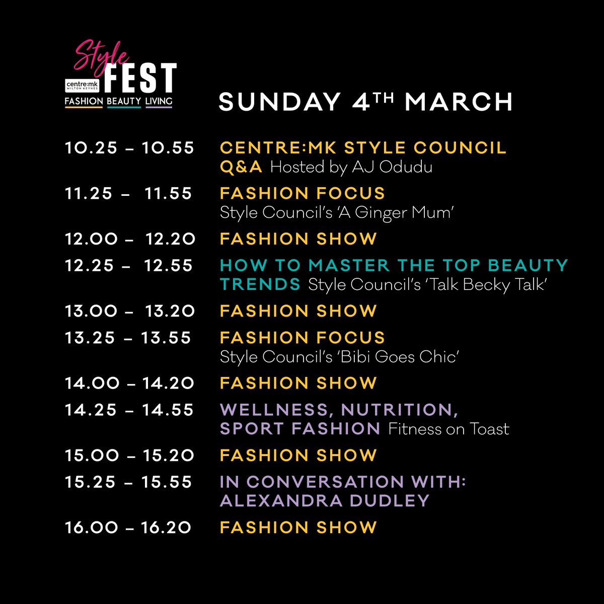 centremk's tweet image. Day 3 of #StyleFest is upon us... we have talks from our #StyleCouncil on building a capsule wardrobe and nailing those top beauty trends plus @FitnessOnToast will be here alongside @seedmuncher ! Catwalk shows on the hour and we have a chance for you to win £200 Giftcard 🙌😍
