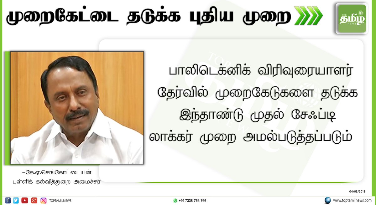 toptamilnews's tweet image. பாலிடெக்னிக் விரிவுரையாளர் தேர்வில் முறைகேடுகளை தடுக்க இந்தாண்டு முதல் சேஃப்டி லாக்கர் முறை அமல்படுத்தப்படும்: அமைச்சர் கே.ஏ.செங்கோட்டையன்
#kasengottaiyan @KASengottaiyan #TamilNadu #Polytechnicexam #Polytechnic