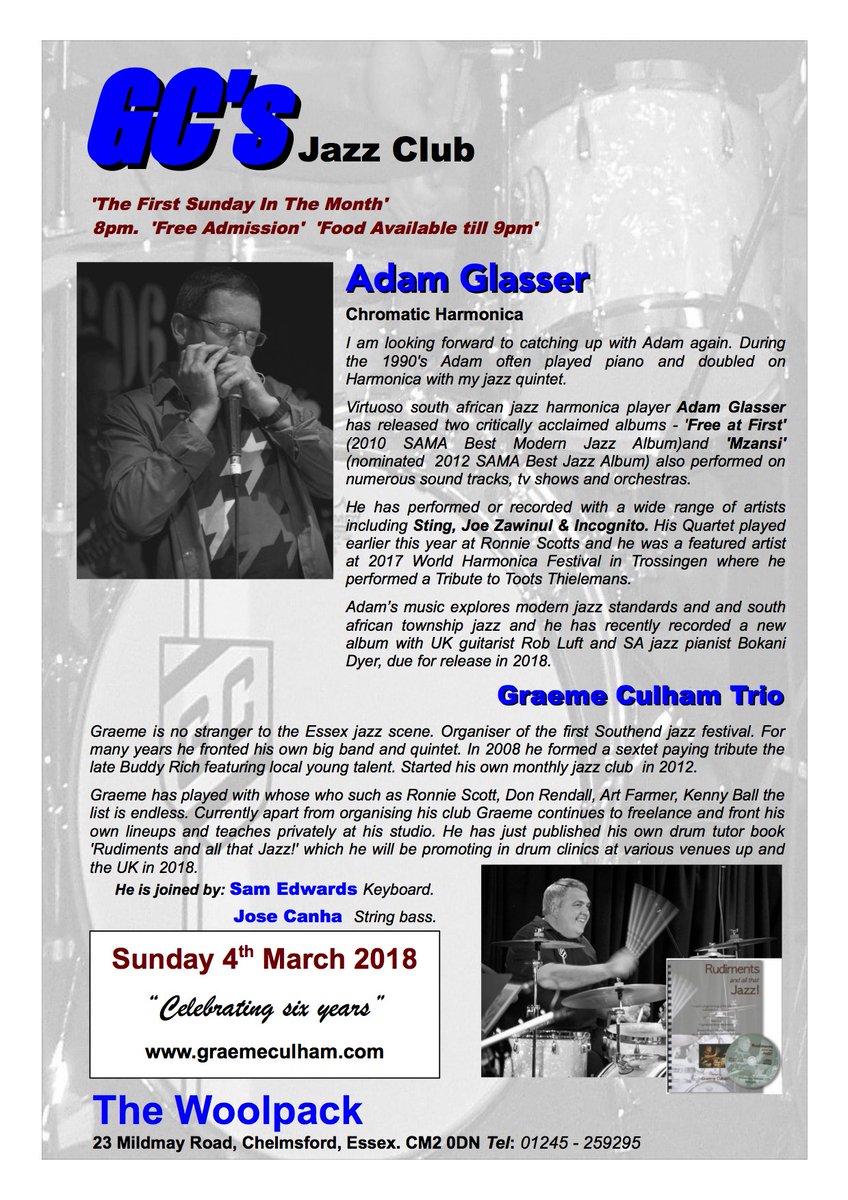 GraemeCulham's tweet photo. Adam Glasser #Harmonica with the Graeme Culham Trio #Drums #jazz at GC's #jazzclub @WoolpackEssex Sunday 4th March 2018 #music 8pm, Free Admission. https://t.co/oDofKP0f1E