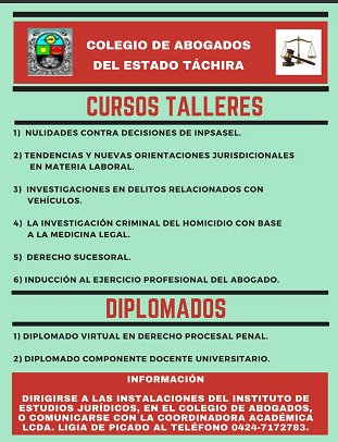 icatachira's tweet photo. Están abiertas las Preinscriciones de los siguientes Cursos Talleres y Diplomados. Si eres ABOGADO dale Compartir y ayúdanos a difundir https://t.co/ETg9Wk4OAz