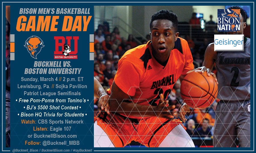 It's GAME DAY! Don't miss Patriot League Tournament semifinal action at Sojka Pavilion today at 2 p.m., when <a href="/Bucknell_MBB/">Bucknell MBasketball</a> takes on Boston University on <a href="/CBSSportsNet/">CBS Sports Network</a>. Be Early. Be Loud. Wear Orange. GO BISON! #rayBucknell